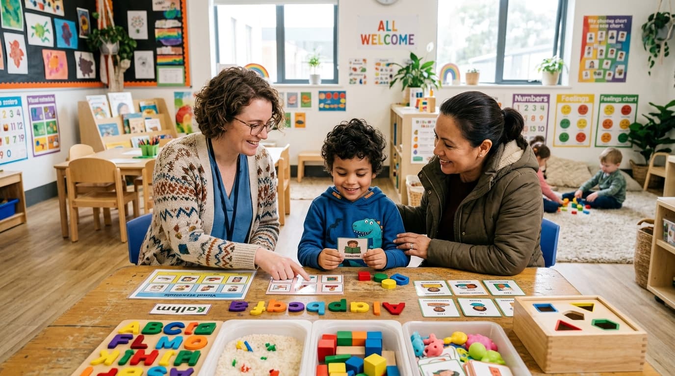Caregiver and educator supporting a student with tactile learning tools