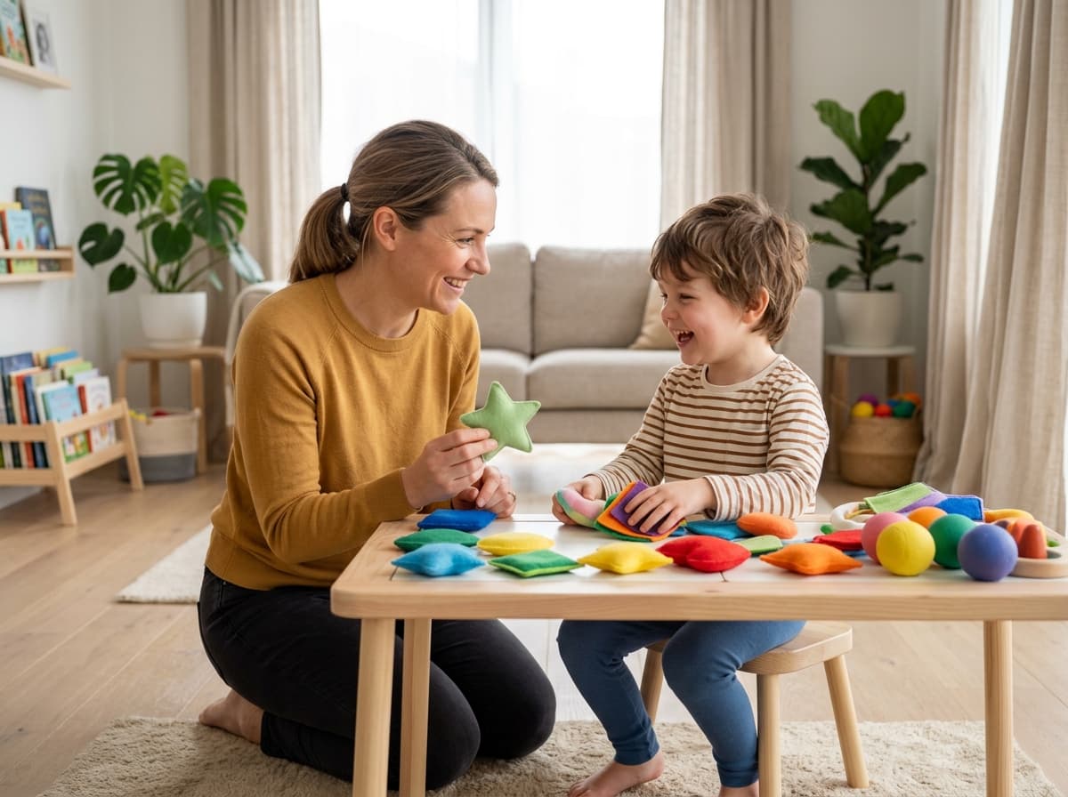 Mother and child engaging in calm sensory learning play