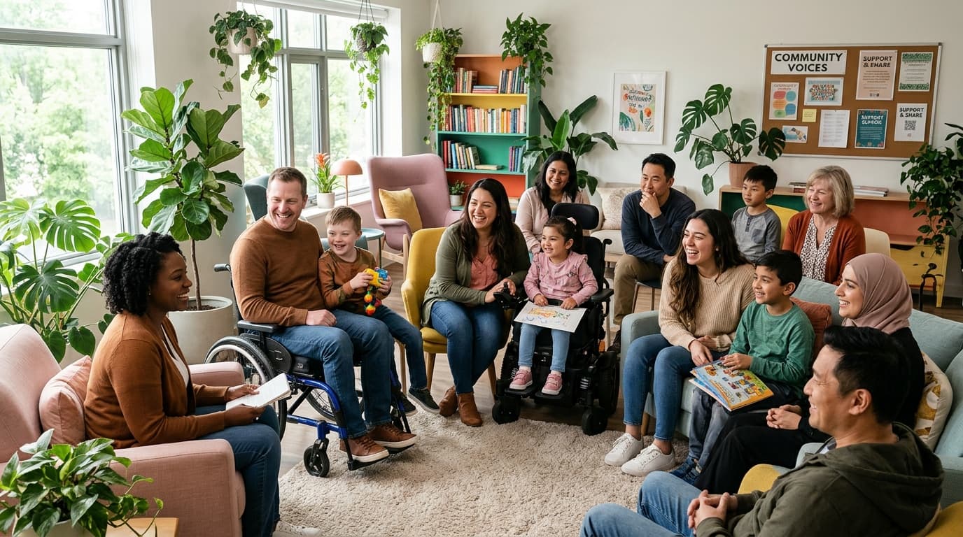 Parents and neurodivergent children gathered together in an inclusive, warm community space