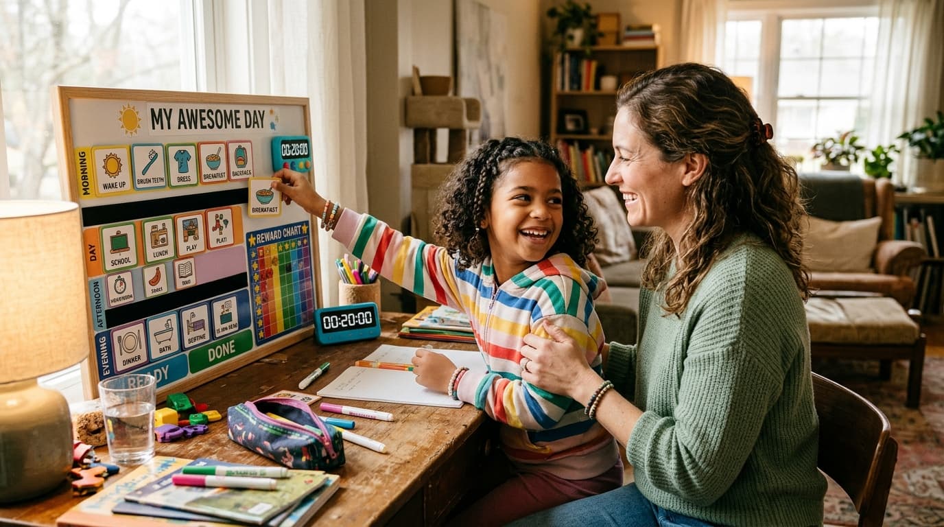 Parent and child with ADHD joyfully organizing a visual daily routine board together