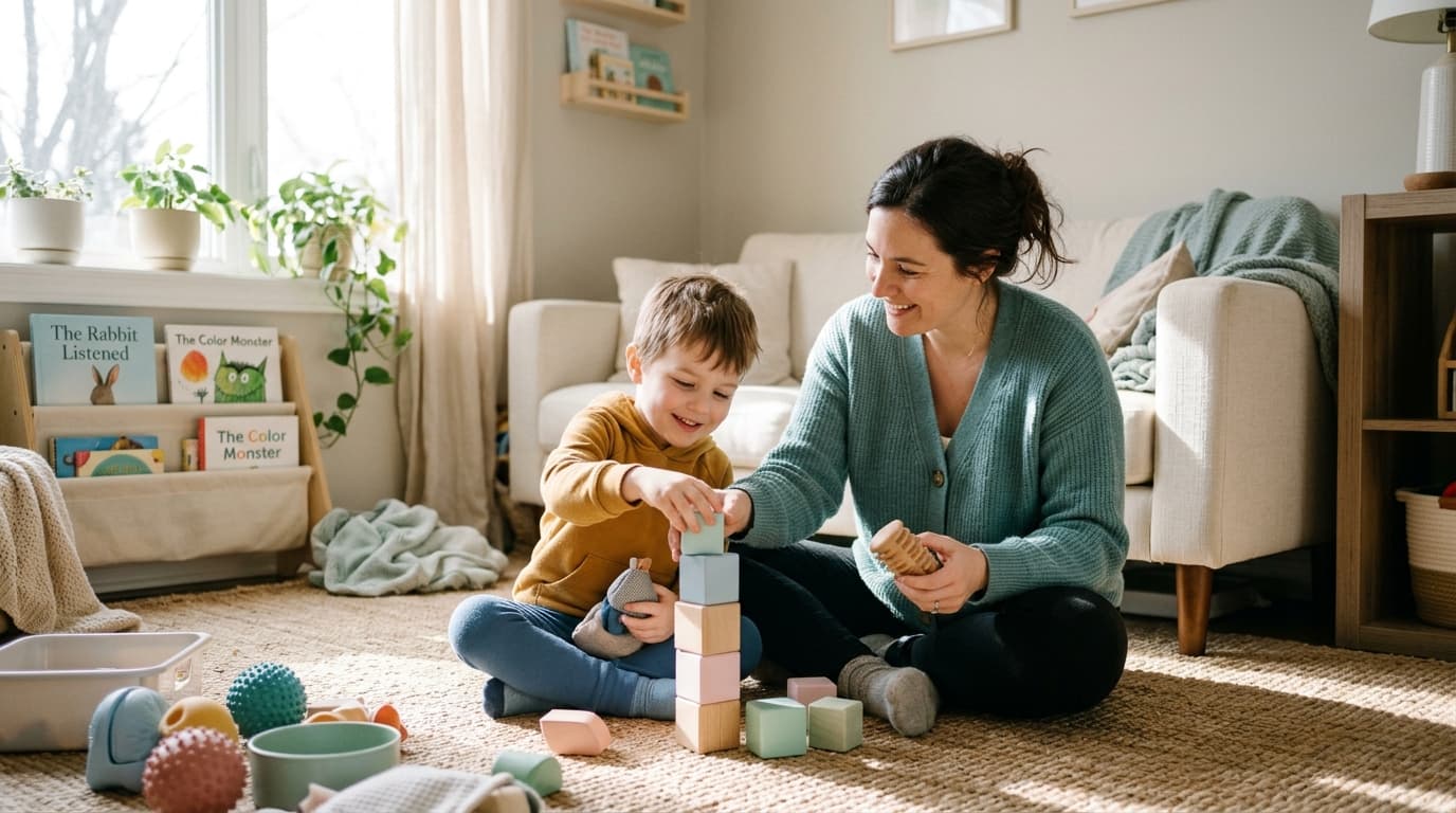 Caregiver and autistic child peacefully playing with pastel sensory tactile blocks