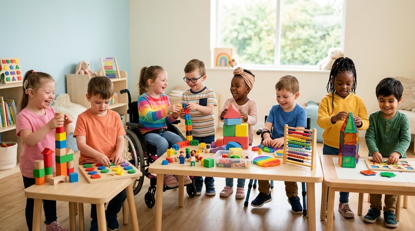 Children with neurodivergent needs playing joyfully with colorful sensory toys