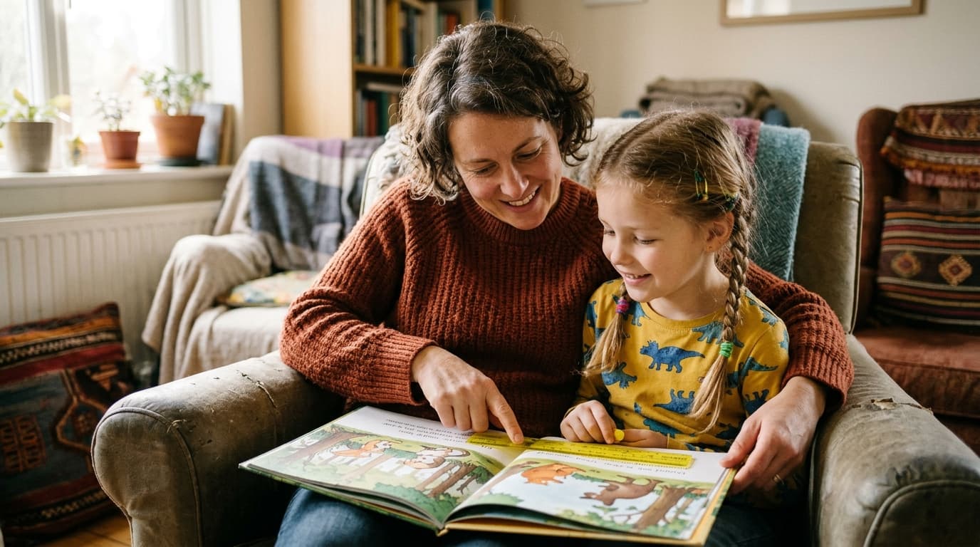 Caregiver and child with dyslexia reading an illustrated book with reading tracking guides