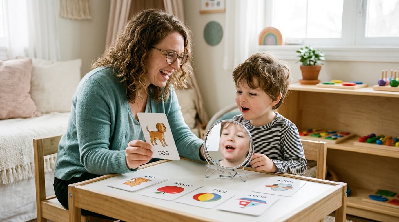 Speech therapist and smiling child practicing communication sounds with picture cards